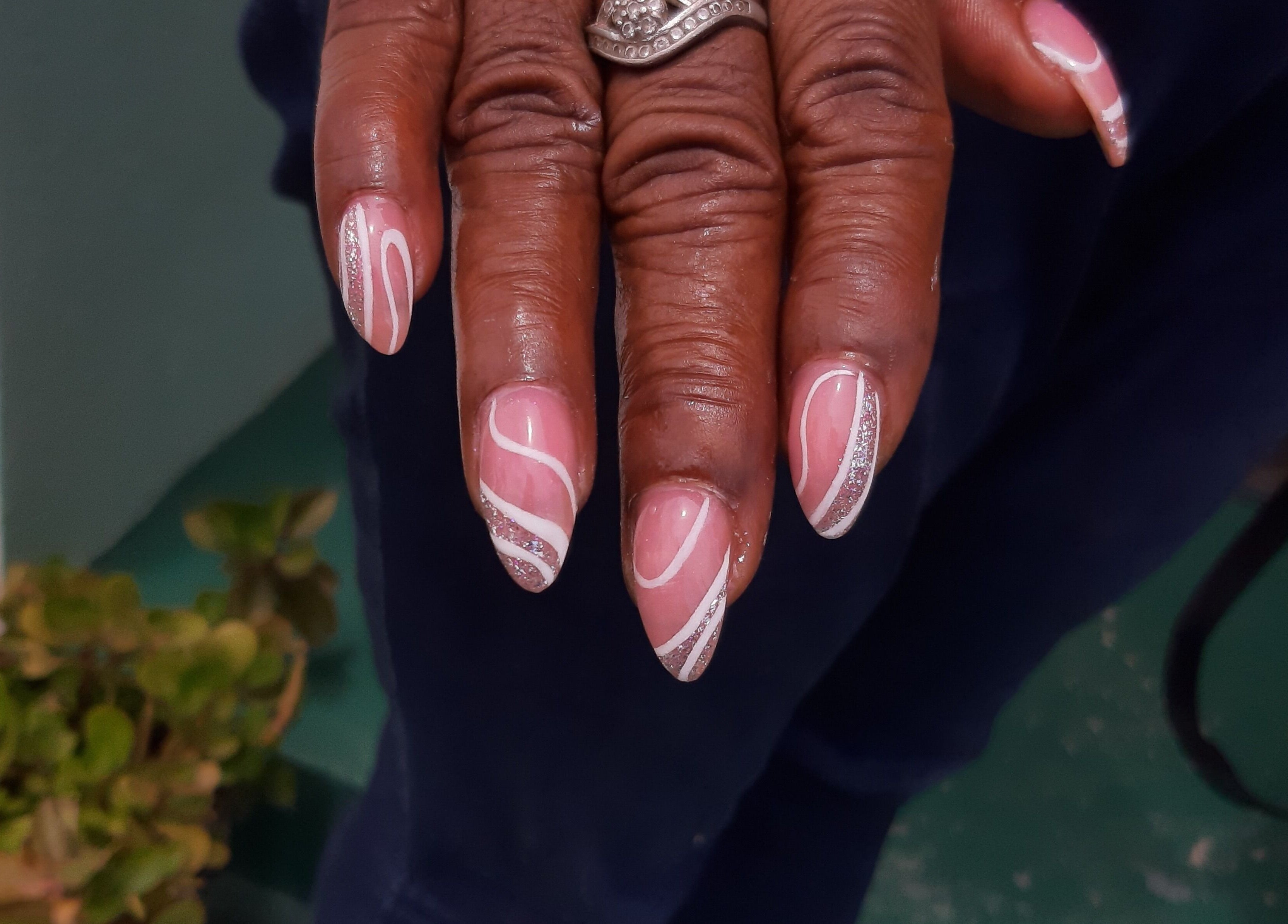 Close-up of elegant pink and white nail art at J's fullhousebeauty, Saint Philip, Bridgetown, BB.