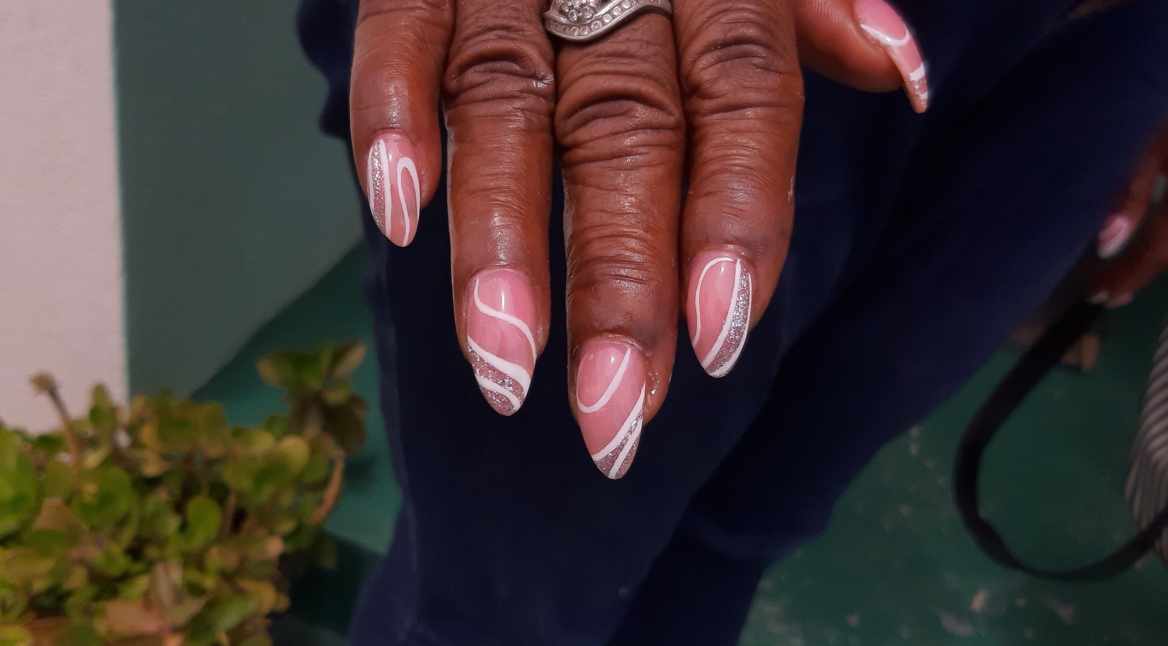 Close-up of elegant pink and white nail art at J's fullhousebeauty, Saint Philip, Bridgetown, BB.