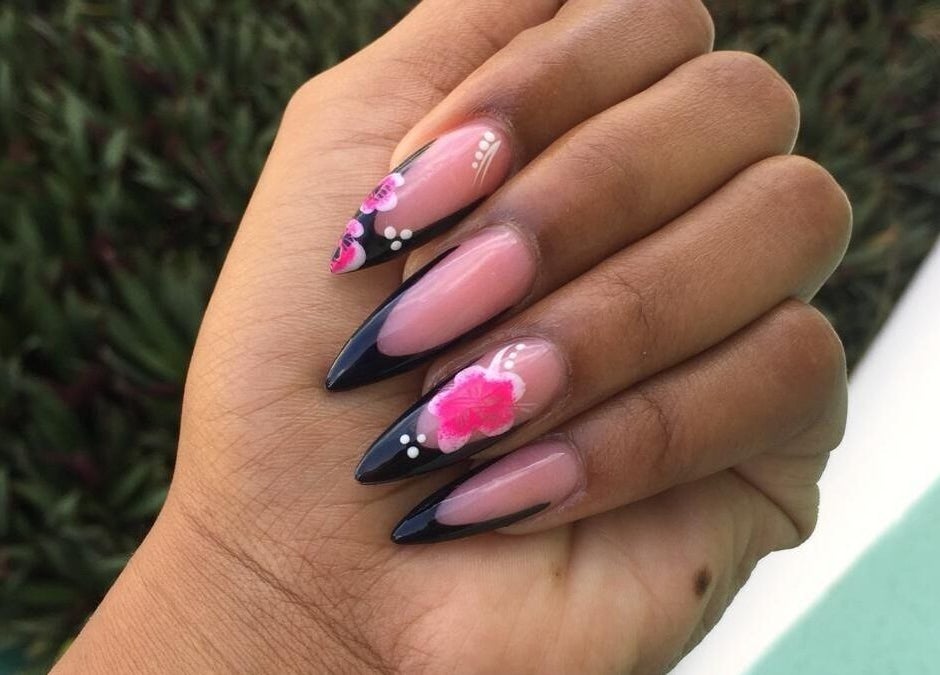 Stylish floral nail art at J's fullhousebeauty, Saint Philip, Bridgetown, BB. Elegant black and pink design.