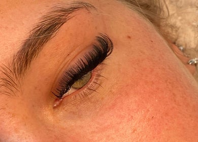 Close-up of expertly applied eyelash extensions at TheAngelSalon, Tonbridge, England, GB.