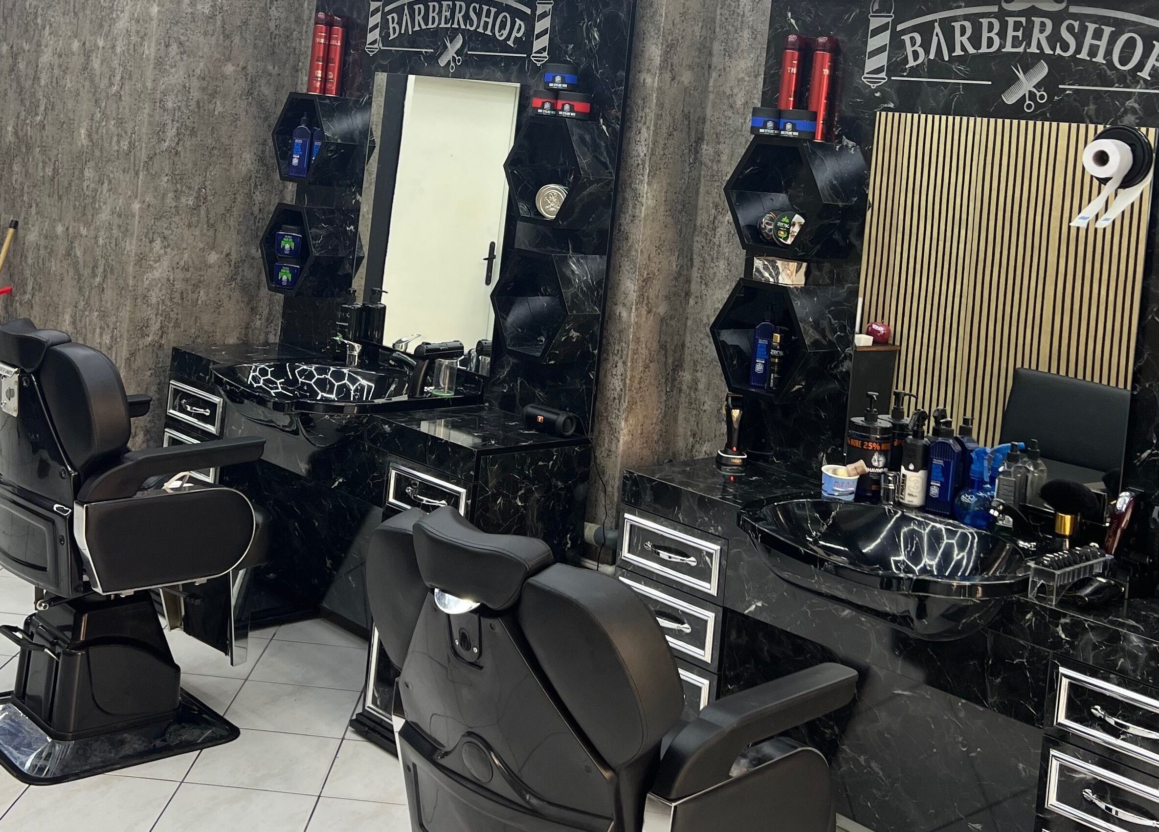 Modern barber chairs and equipment at Meshari Barbers, Plovdiv, Plovdiv, BG.