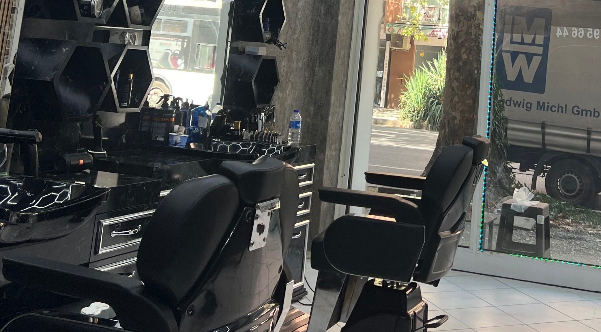 Modern barber chairs and grooming tools at Meshari Barbers, Plovdiv, Plovdiv, BG.