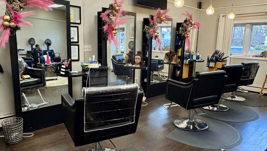Elegant salon chairs and decor at Salon Bleu by Nadine in Randolph, Massachusetts, US.