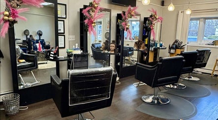 Elegant salon chairs and decor at Salon Bleu by Nadine in Randolph, Massachusetts, US.