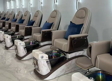 Elegant pedicure chairs at T & S Nails, Westfield, Indiana, US, offering a relaxing experience.