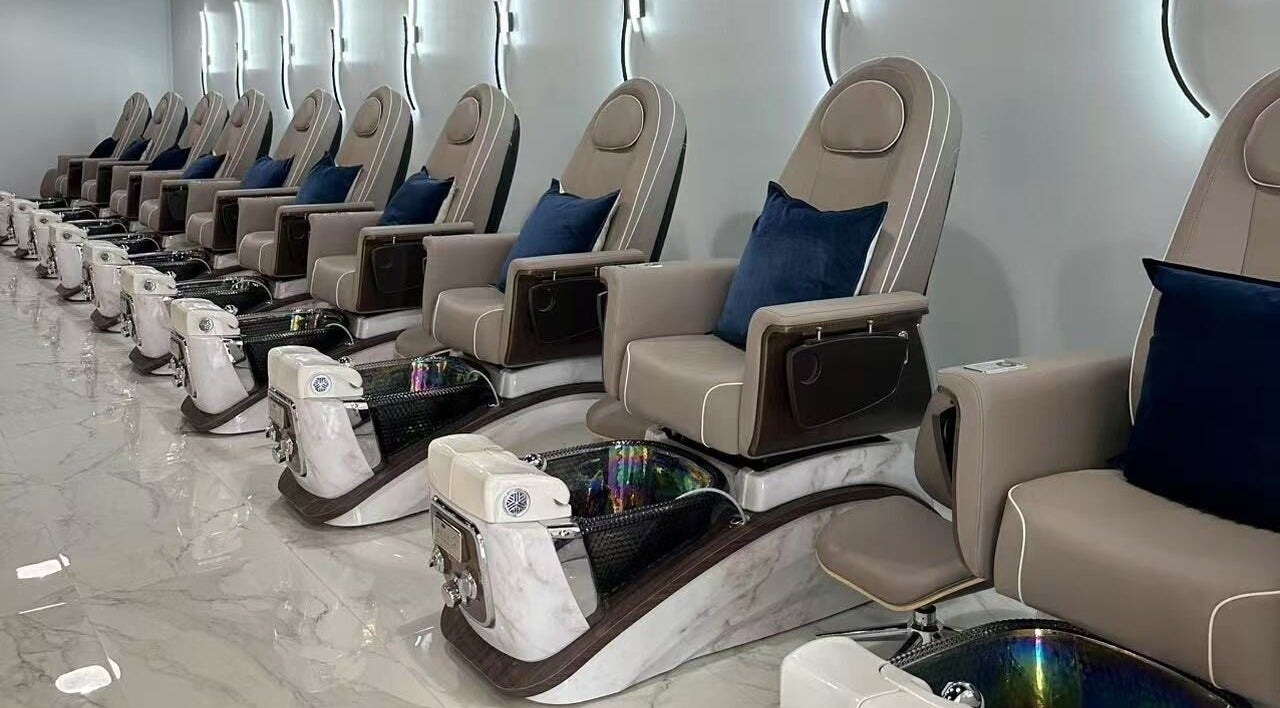 Elegant pedicure chairs at T & S Nails in Westfield, Indiana, US, offering a relaxing and luxurious experience.