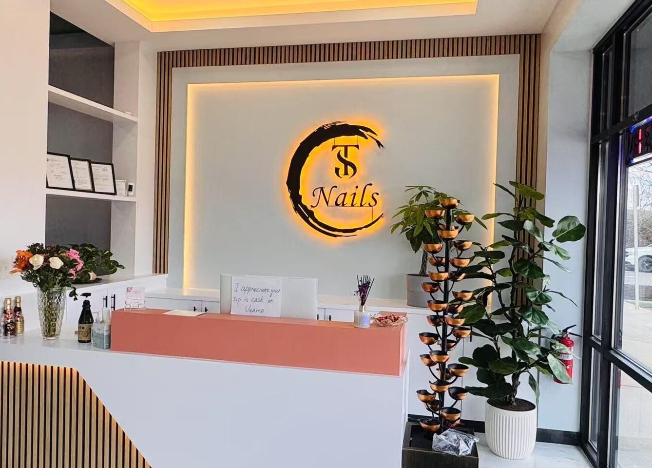 Chic interior view of T & S Nails reception in Westfield, Indiana, US, featuring modern decor and vibrant florals.