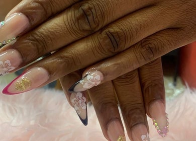 Elegant floral nails with rhinestones at Sassy Tips by Sab, Spanish Town, St. Catherine Parish, JM.