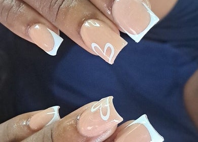 Stylish peach and white nail art at Sassy Tips by Sab, Spanish Town, St. Catherine Parish, JM.