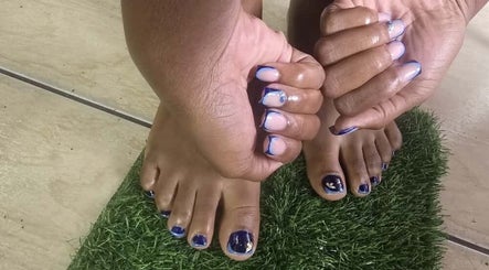 Elegant manicure and pedicure in blue and silver at Sassy Tips by Sab, Spanish Town, St. Catherine Parish, JM.