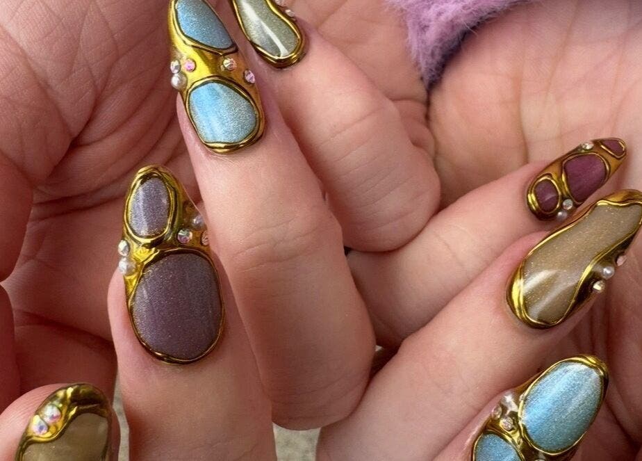 Luxury nail art with gems at Nats Nails, O’Hair Salon, Stevenston, Scotland, GB, showcasing intricate designs.