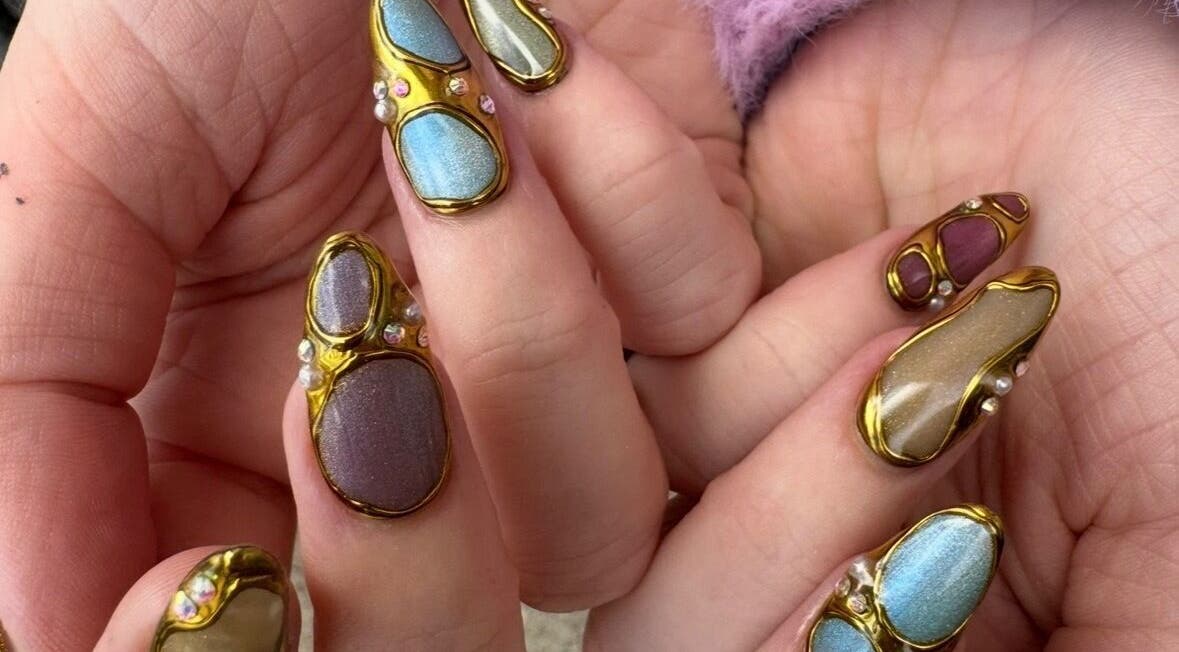 Luxury nail art with gems at Nats Nails, O’Hair Salon, Stevenston, Scotland, GB, showcasing intricate designs.