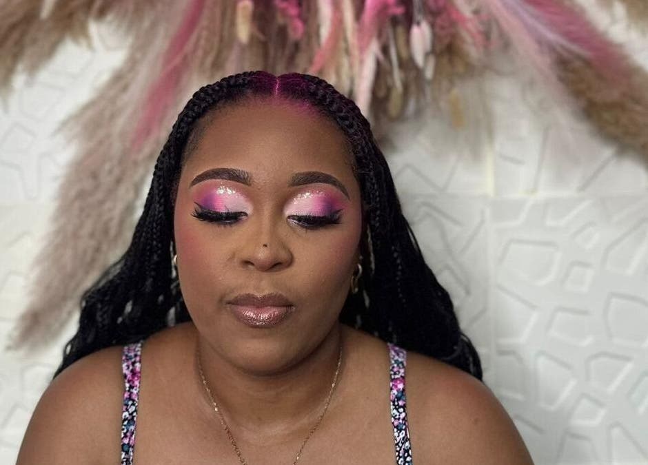 Elegant pink makeup at Styles By Kera, Roseau, Saint George Parish, DM showcasing artistry and style.