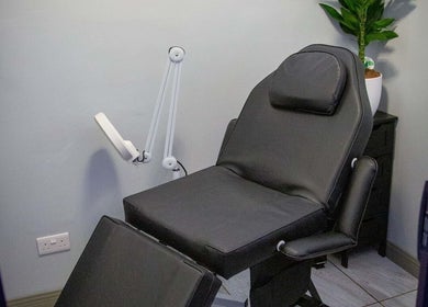 Luxurious treatment chair at Hellhouse Salon, Norwich, England, GB, ready for clients.