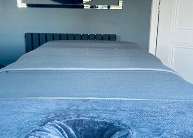 Massage table in serene room at Essential Remedial Massage, Walton Summit Centre, Bamber Bridge, England, GB.