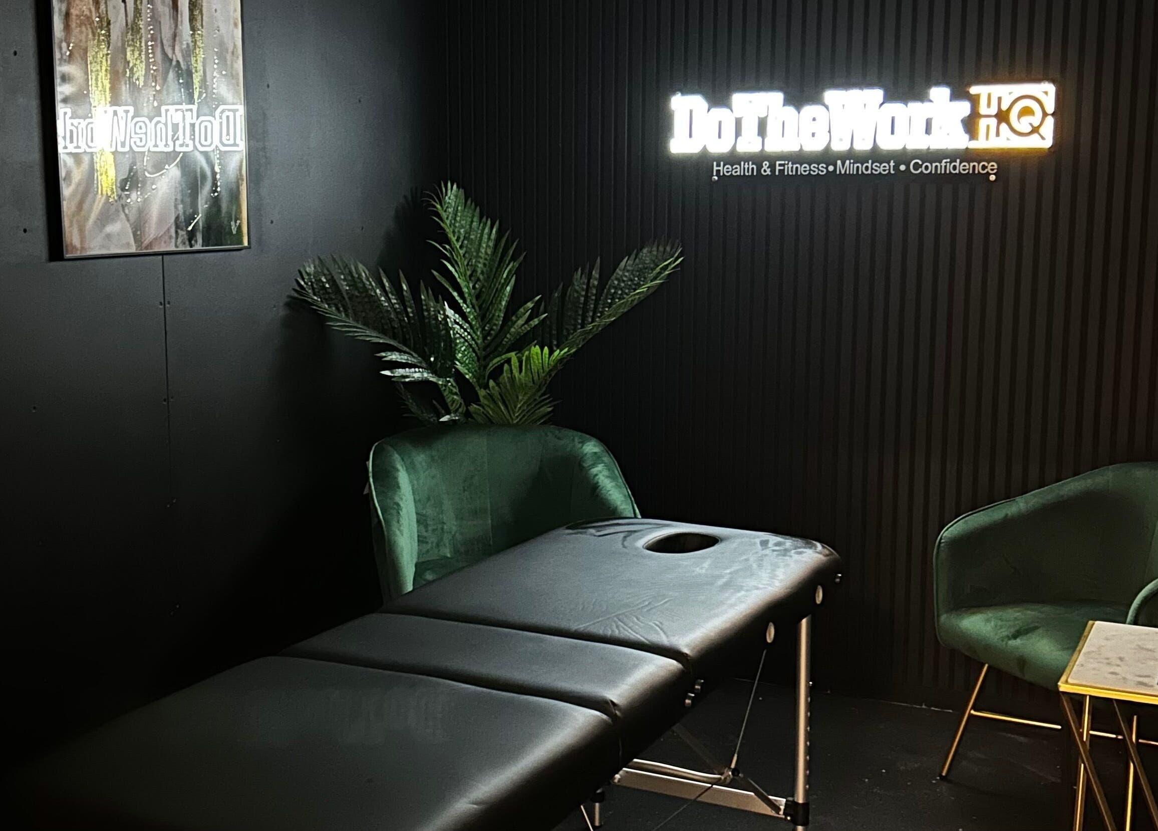 Relaxing massage room at Essential Remedial Massage, DoTheWorkHQ, Walton Summit Centre, Bamber Bridge, England, GB.