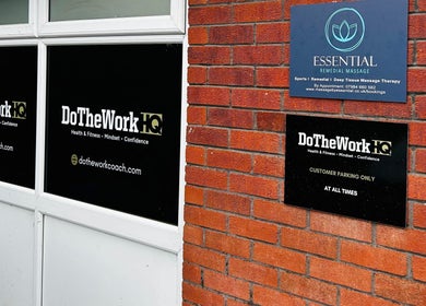 Essential Remedial Massage signs at DoTheWorkHQ, Walton Summit Centre, Bamber Bridge, England, GB.