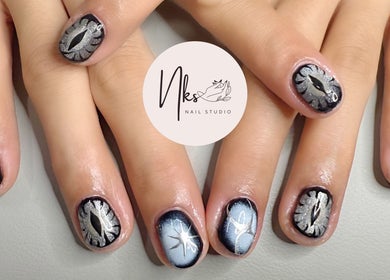 Elegant nail art in silver and blue at Nails By Nks, Phnom Penh, Phnom Penh, KH.