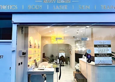 Front view of Shefa Beauty Lounge in London, England, GB showcasing modern aesthetic services.