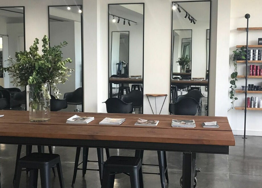 Elegant salon interior of HQ Salon and Beauty, Aspendale, Victoria, AU with mirrors and lush greenery.