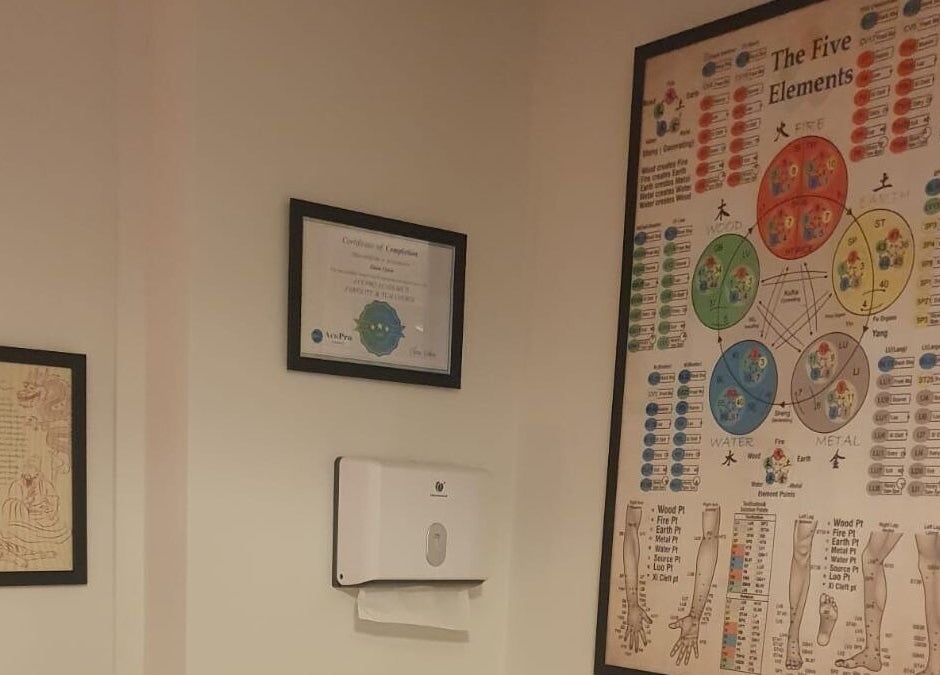 Wall display in Pure Acupuncture NI - The Tranquillity Room, Lisburn featuring the Five Elements chart.