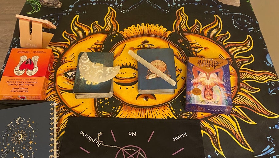 Tarot cards on sun design cloth at Teresa intuitive readings, Port Coquitlam, British Columbia, CA.