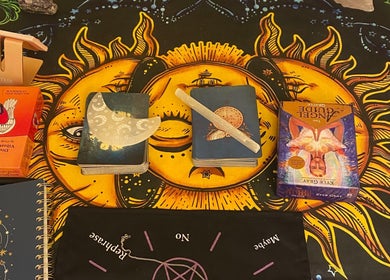 Tarot cards on sun design cloth at Teresa intuitive readings, Port Coquitlam, British Columbia, CA.