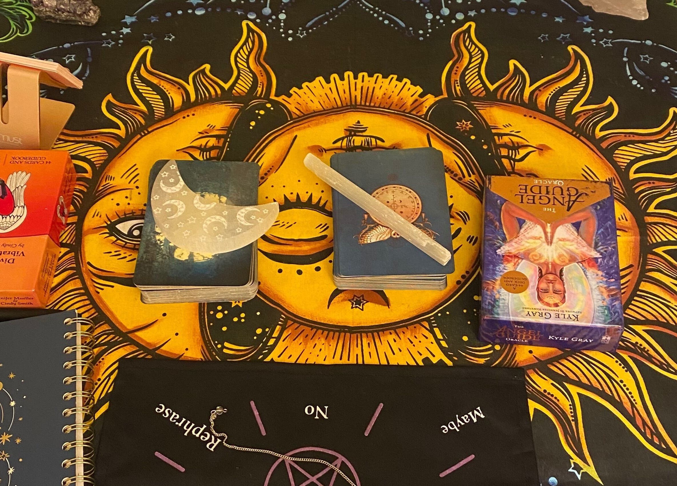Tarot cards on sun design cloth at Teresa intuitive readings, Port Coquitlam, British Columbia, CA.