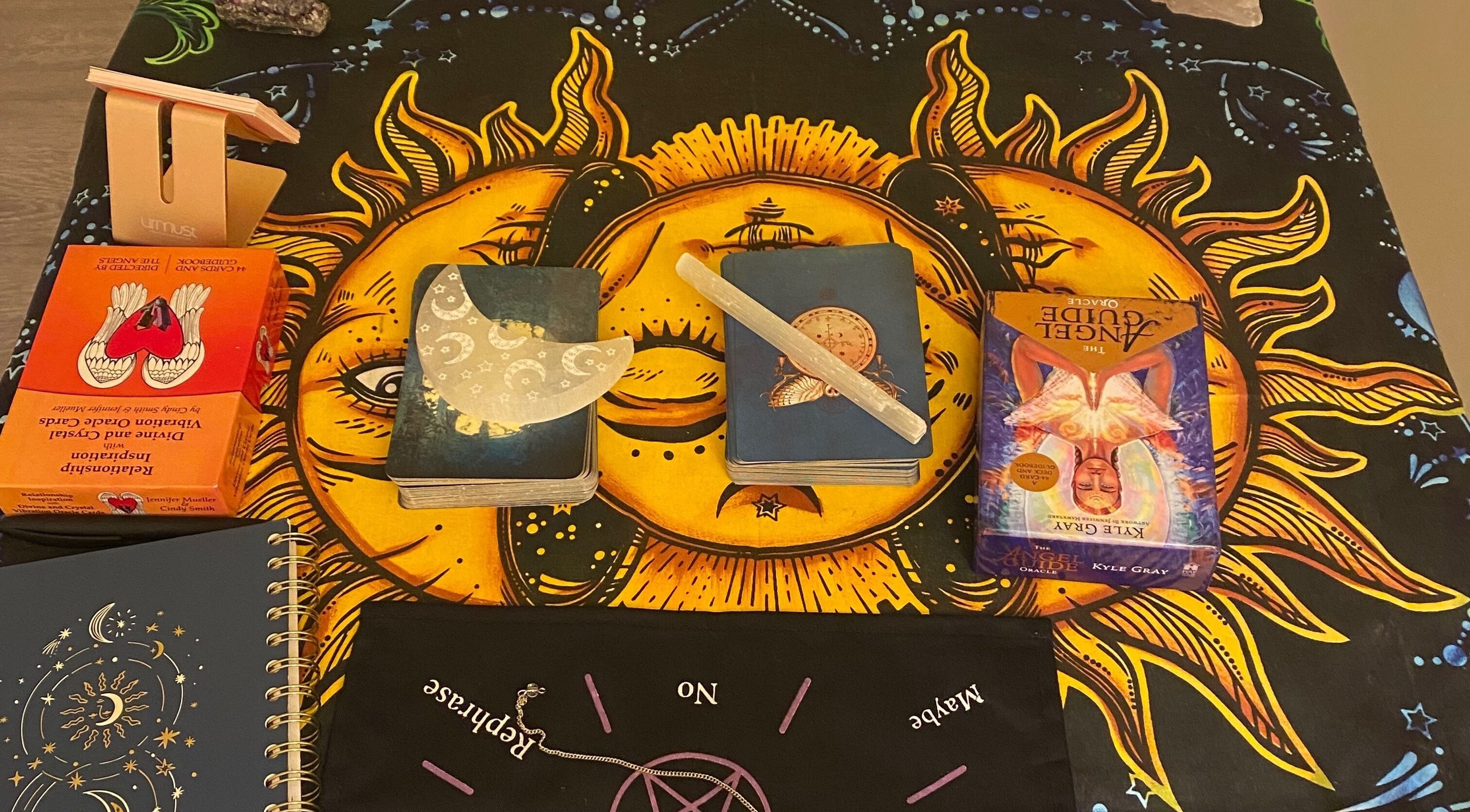 Tarot cards on sun design cloth at Teresa intuitive readings, Port Coquitlam, British Columbia, CA.