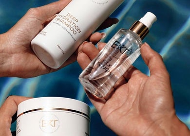 BKT BEAUTY products in hands, featuring hydration shampoo and silk touch serum, Sydney, NSW, AU.