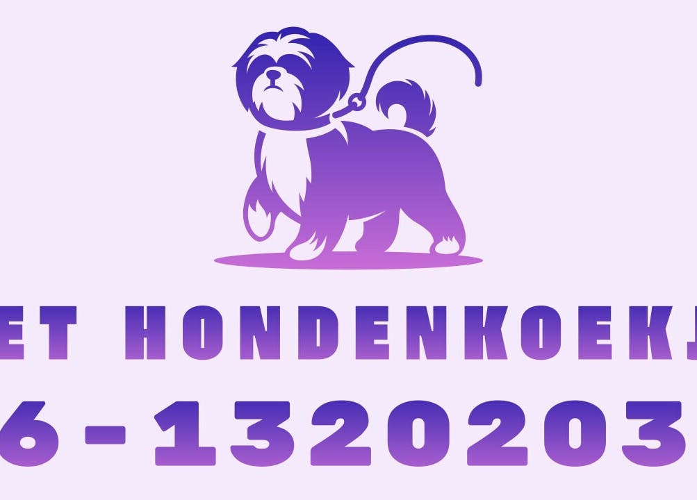 Logo van HOBBYCLUB HET HONDENKOEKJE in Heerlen, Limburg, NL met een paarse hond en telefoonnummer.