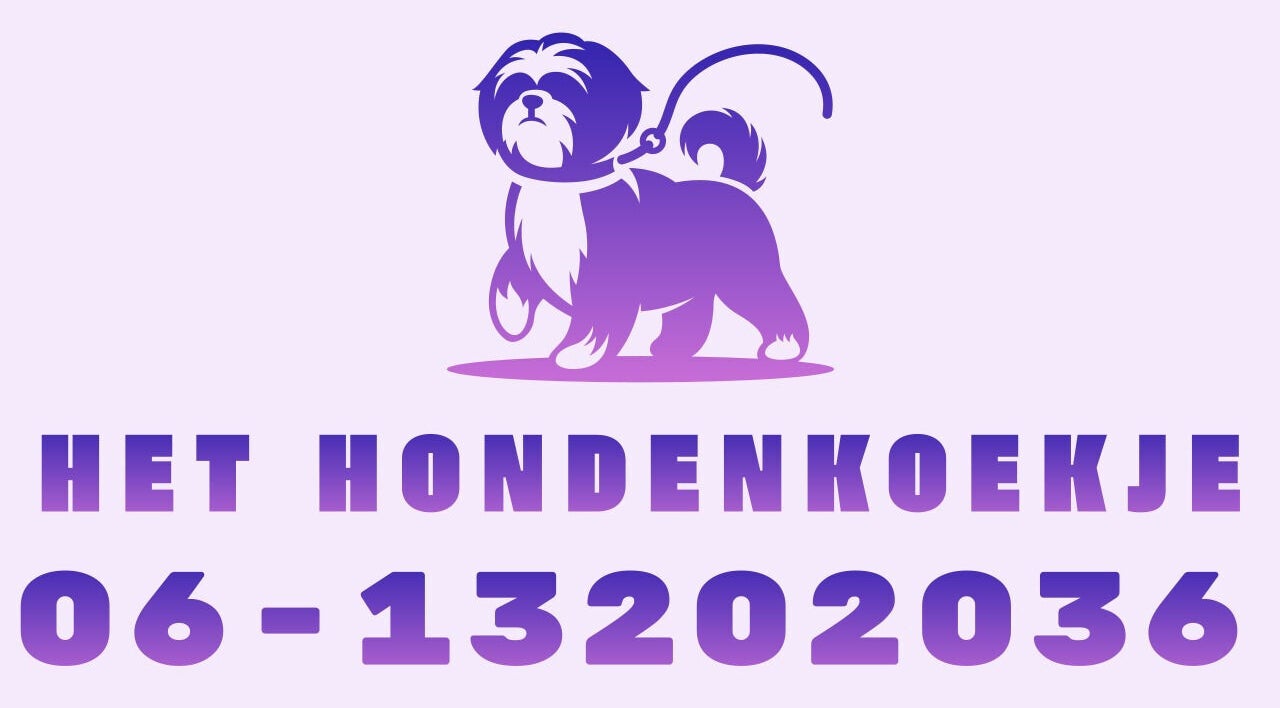 Logo van HOBBYCLUB HET HONDENKOEKJE in Heerlen, Limburg, NL met een paarse hond en telefoonnummer.