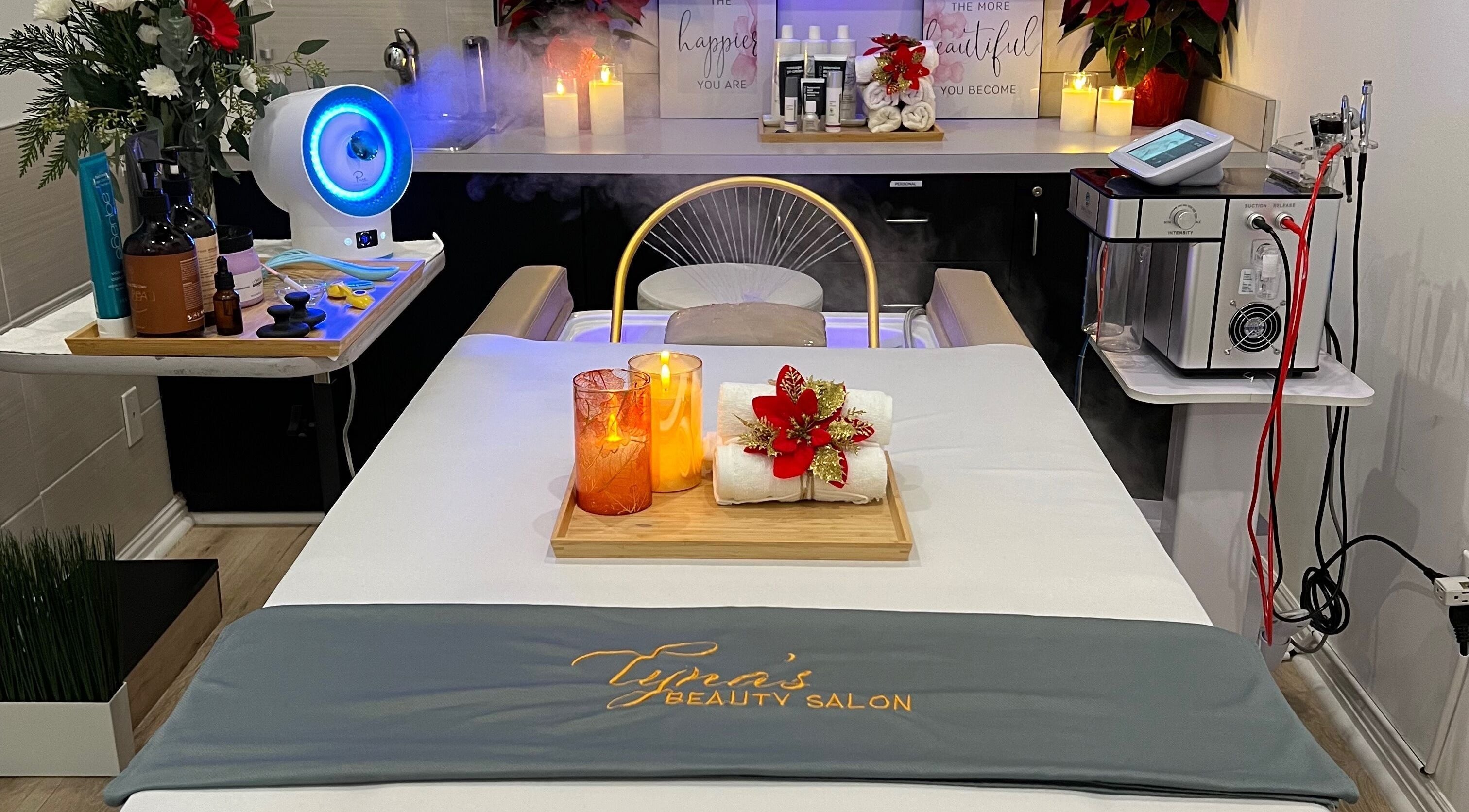 Luxurious spa setup at Lyna's Beauty Salon, Menlo Park, California, US, featuring candles and skincare tools.