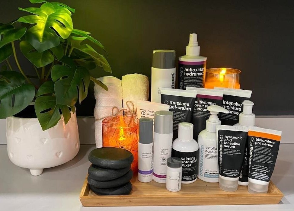 Skincare products and candles at Lyna's Beauty Salon in Menlo Park, California, US, offering a relaxing ambiance.