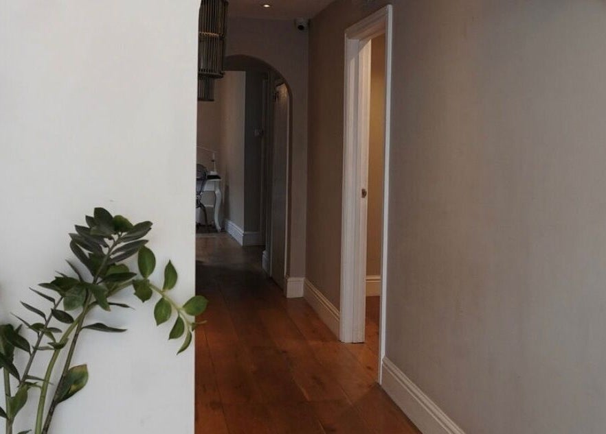 Elegant hallway at Cortés & Co Medispa, Usk, Wales, GB, featuring wooden floors and a potted plant.