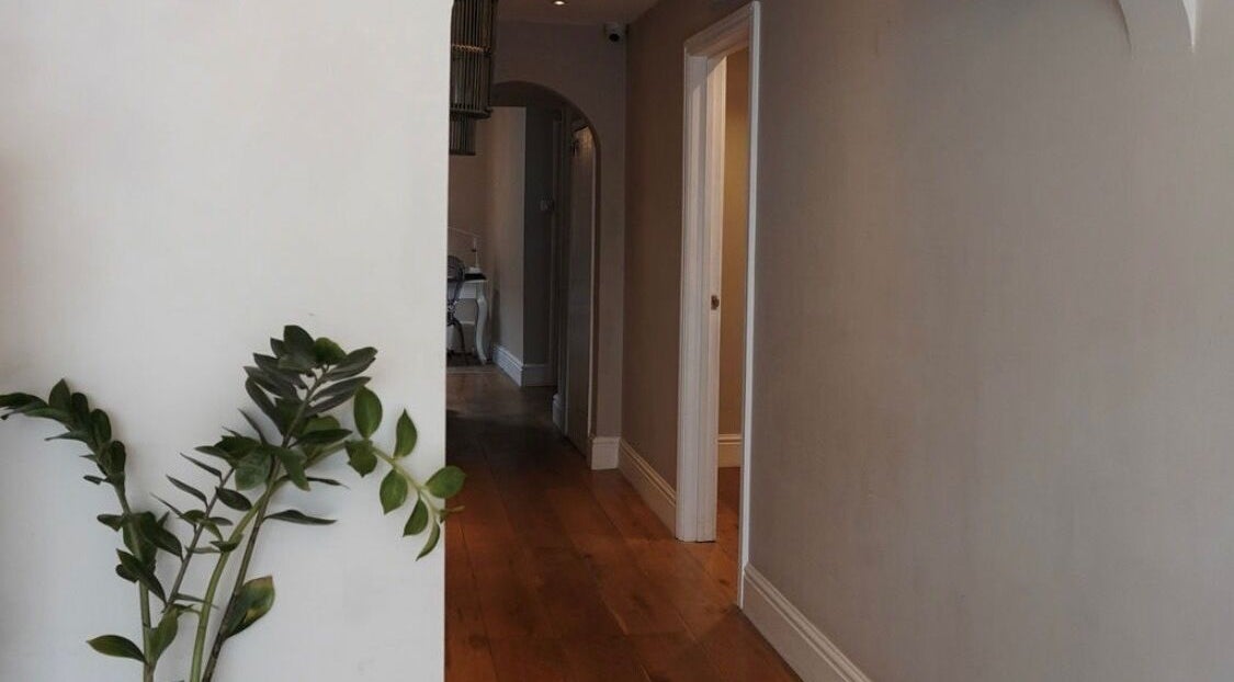 Elegant hallway at Cortés & Co Medispa, Usk, Wales, GB, featuring wooden floors and a potted plant.