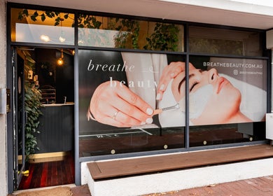 Breathe Beauty entrance in Wembley, Western Australia, showcasing a serene spa atmosphere.