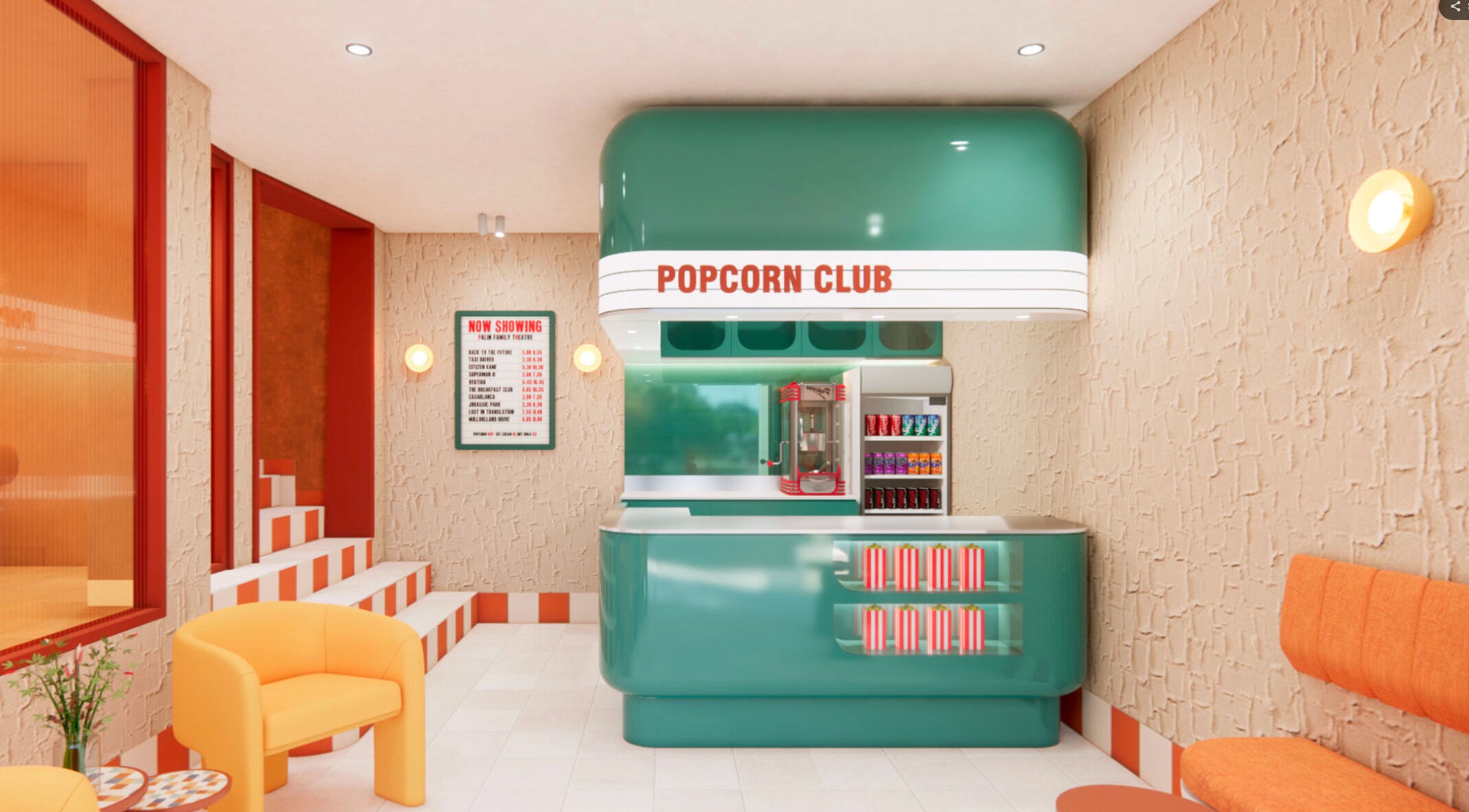 Chic Popcorn Nail Studio lounge area in vibrant colors, Bali, Bali, ID. Cozy seating and retro decor.
