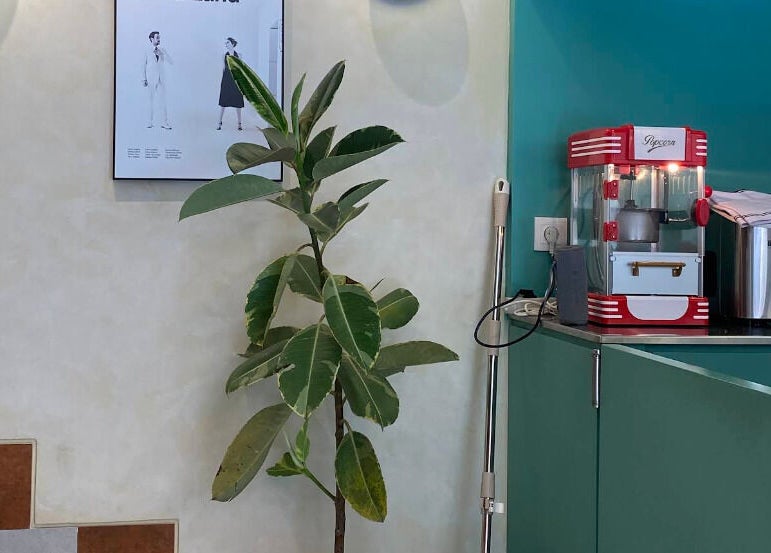 Cozy corner with a plant and popcorn machine at Popcorn Nail Studio, Bali, Bali, ID.