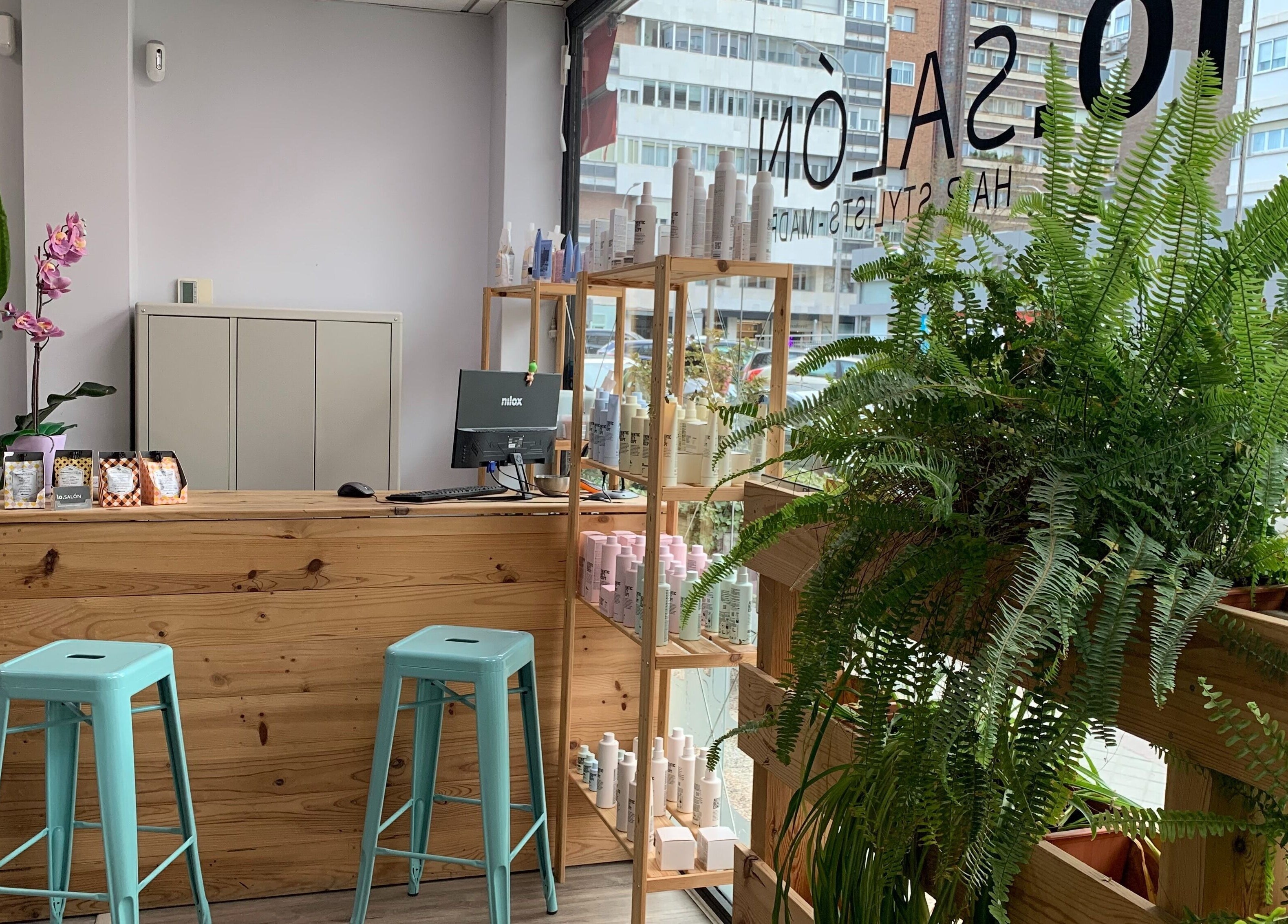 Recepción de ío Salón en Madrid, Comunidad De Madrid, ES, decorada con plantas y productos de belleza.