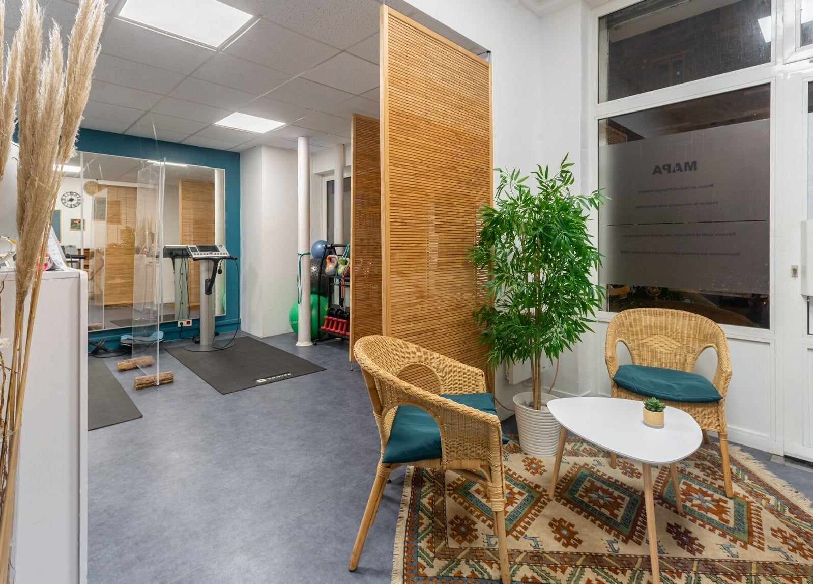 Salon accueillant à ILLUMINESSENS BEAUGRENELLE, Paris, Île-de-France, FR, avec chaise en osier et plantes.