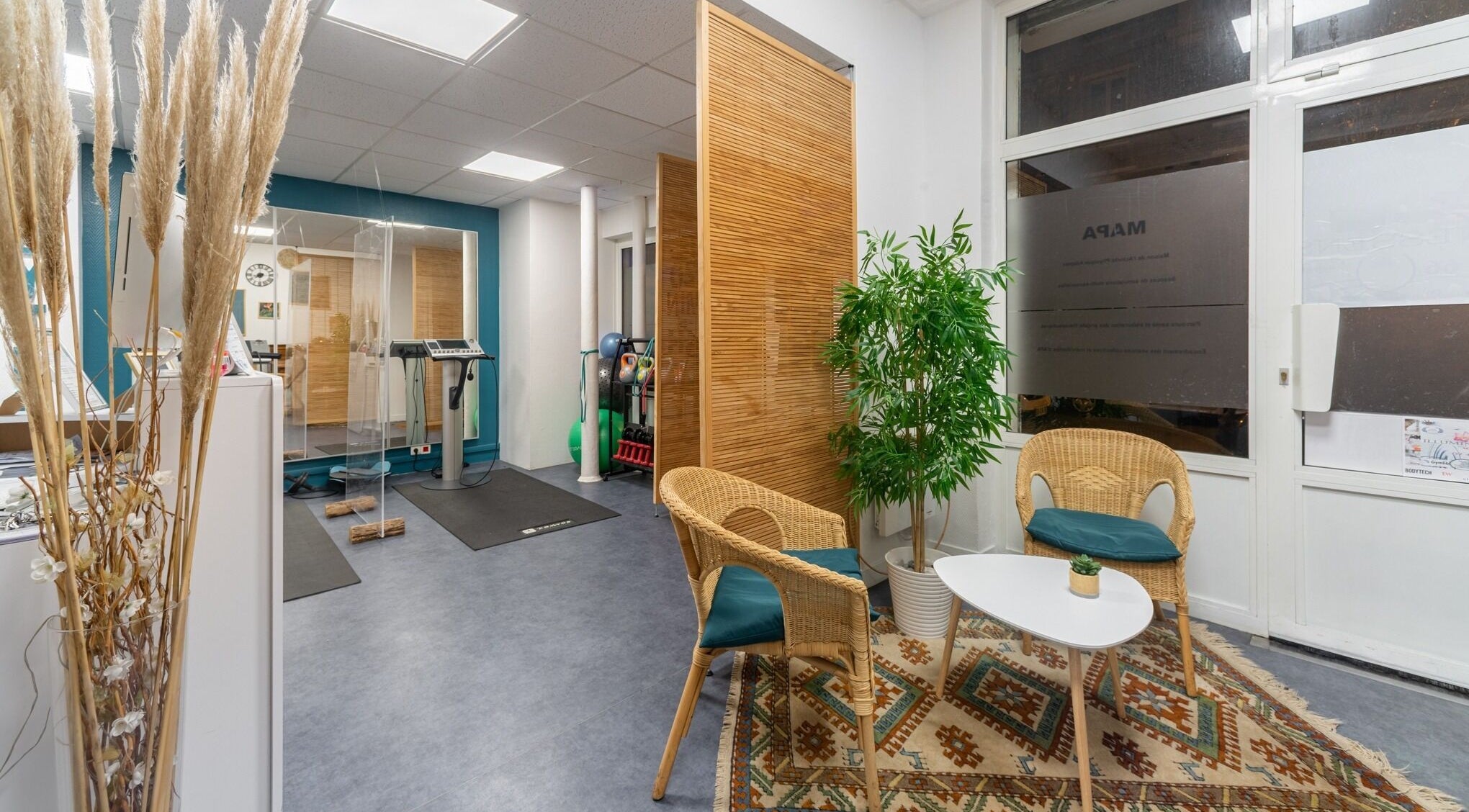 Salon accueillant à ILLUMINESSENS BEAUGRENELLE, Paris, Île-de-France, FR, avec chaise en osier et plantes.