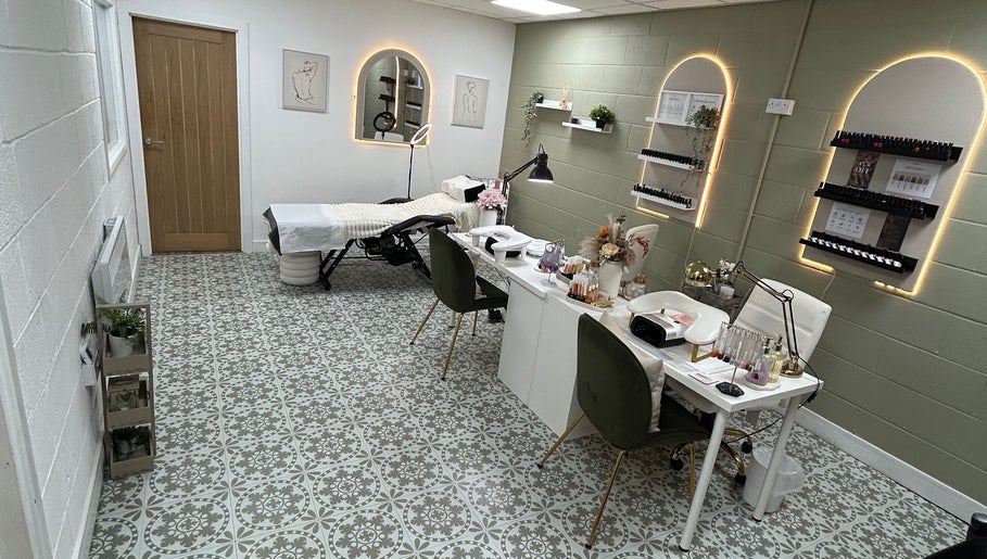 Elegant CBbeauty salon room with nail stations and decor in Bedwas, Wales, GB.