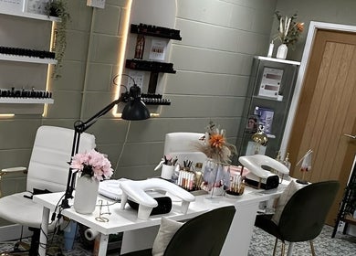 Modern nail studio at CBbeauty in Bedwas, Wales, GB with manicure stations and stylish decor.