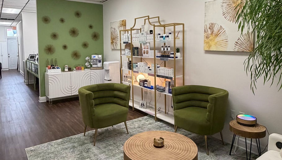 Relaxing seating and products at Bare Essence Spa, Gulf Breeze, Florida, US.