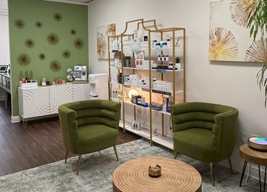Relaxing seating and products at Bare Essence Spa, Gulf Breeze, Florida, US.