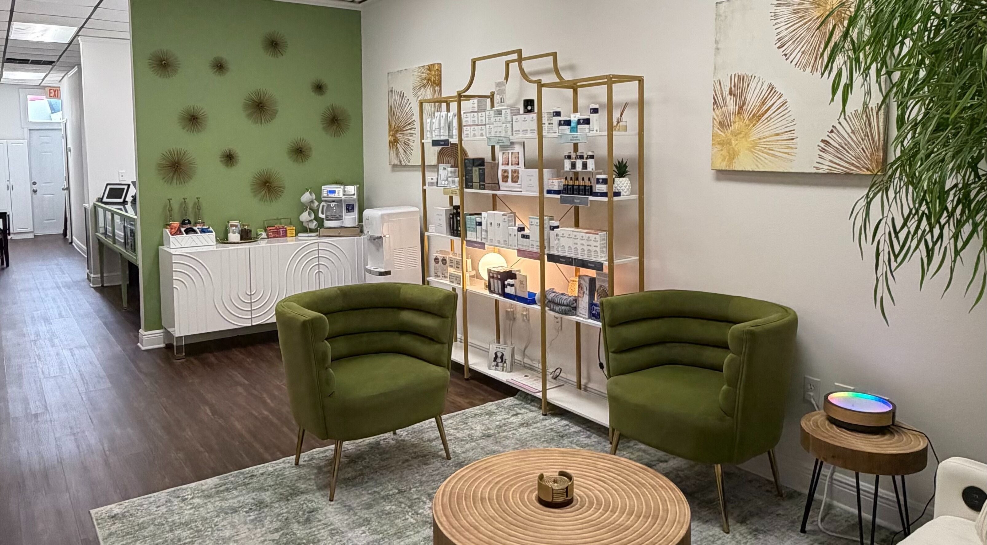 Relaxing seating and products at Bare Essence Spa, Gulf Breeze, Florida, US.