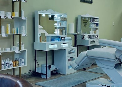 Elegant beauty station at Angelite Esthetics, Toronto, Ontario, CA showcasing modern equipment and products.