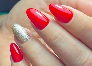 Dazzling red and glitter nails by TyNails by Tatiana Samson in Portsmouth, England, GB.
