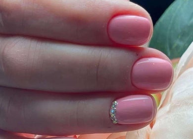 Elegant pink manicure with rhinestones at TyNails by Tatiana Samson in Portsmouth, England, GB.